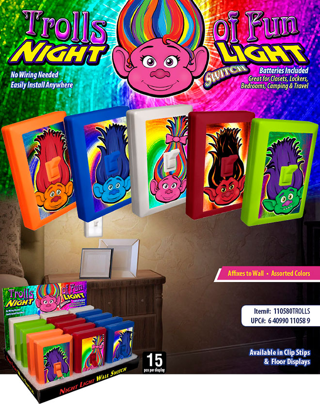 Trolls of Fun 6 LED Night Light Wall Switch Sale Sheet - No Wiring Needed, Batteries Included, Rainbow - Item #: 110580TROLLS