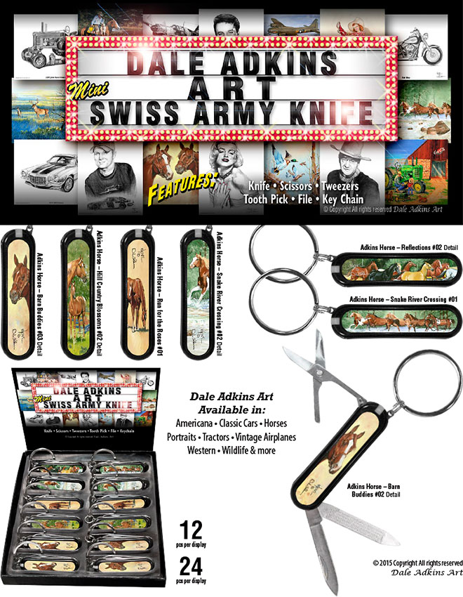 Dale Adkins Horse Mini Swiss Army Knife Keychains Sale Sheet: Available in 12 pc and 24 pc knife displays