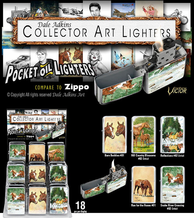 Dale Adkins Horse Victor Pocket Oil Lighter Sale Sheet, 18 pc Display