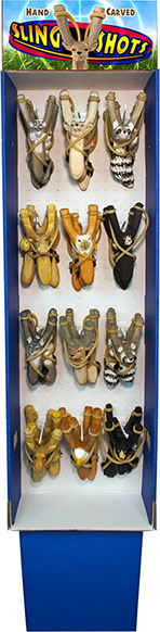 Wood Carved Animal Slingshots - Hand Carved, Hand Painted, 36 pc Floor Display, Item 71712, Deer, Eagle, Bear, Raccoon, Wolf