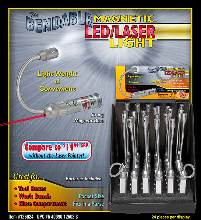 Bendable LED/Laser Flashlight with Magnet 24 pc Display