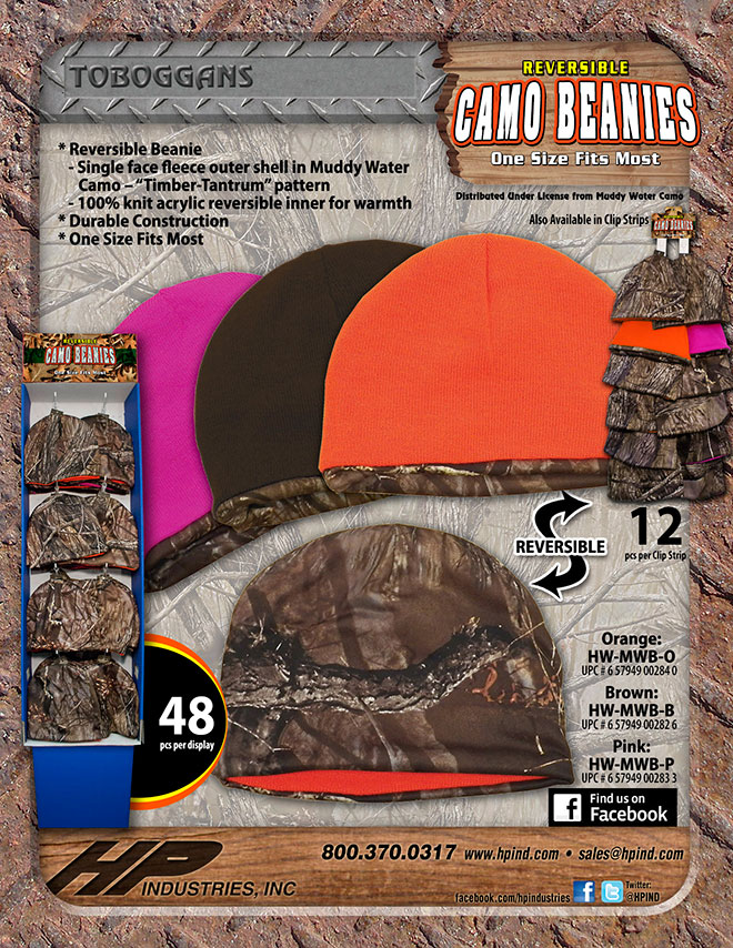 Reversible Camouflage Beanie Toboggans Sale Sheet - 12 pc Clip Strip, 48 pc Floor Display