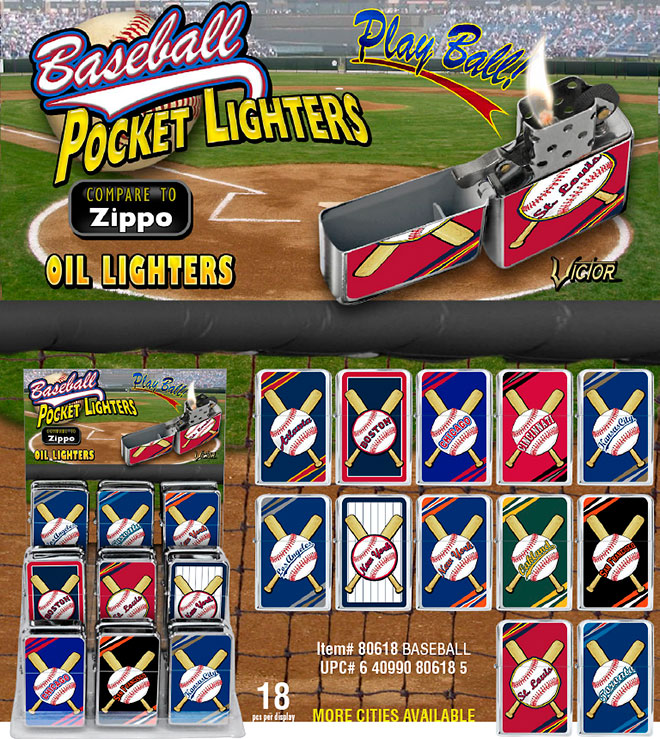 Baseball Victor Pocket Oil Lighter Sale Sheet, 18 pc Display, Item 80618BASEBALL, Atlanta, Boston, Chicago, New York, St. Louis, Toronto
