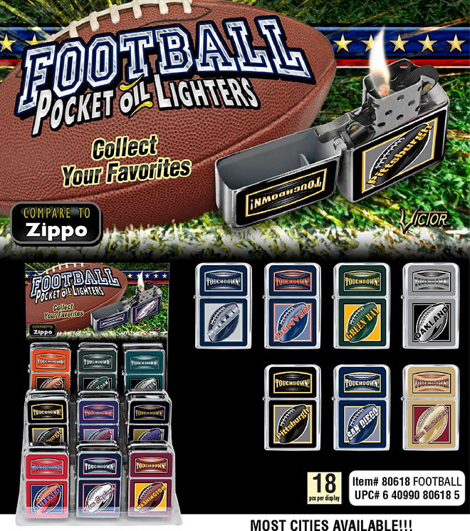 Football Victor Pocket Oil Lighter Sale Sheet, 18 pc Display, Item 80618FOOTBALL, Dallas, Denver, Green Bay, Oakland, Pittsburgh, San Diego