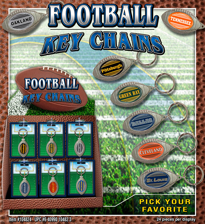 City Football Shape Keychains 24 pc Display Sale Sheet - Pittsburgh, Green Bay, Dallas, Cleveland, St. Louis, Oakland, Tennessee