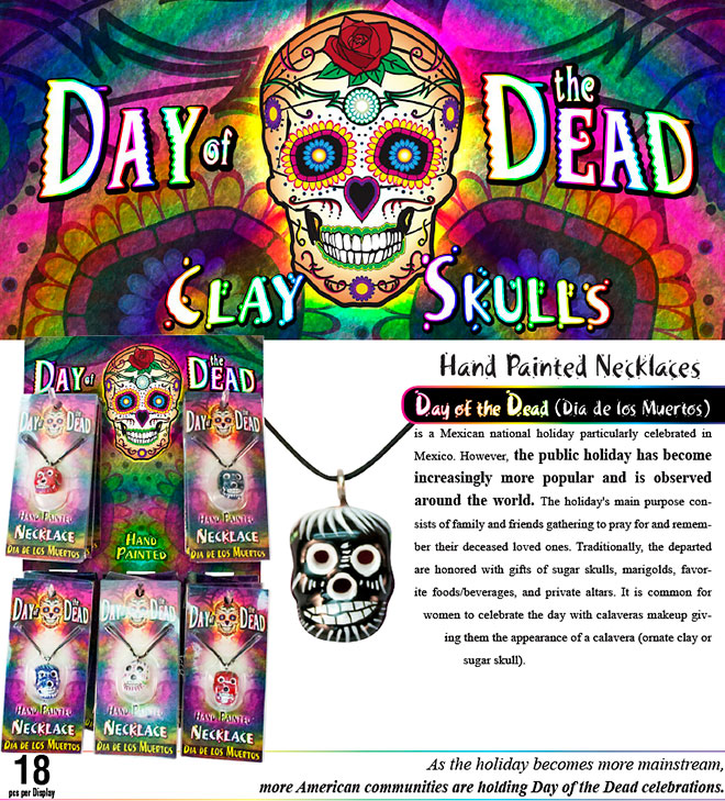 Day of the Dead Clay Skull Necklace Sale Sheet 18 pc – Hand Painted Sugar Skull, Calavera Item 62324