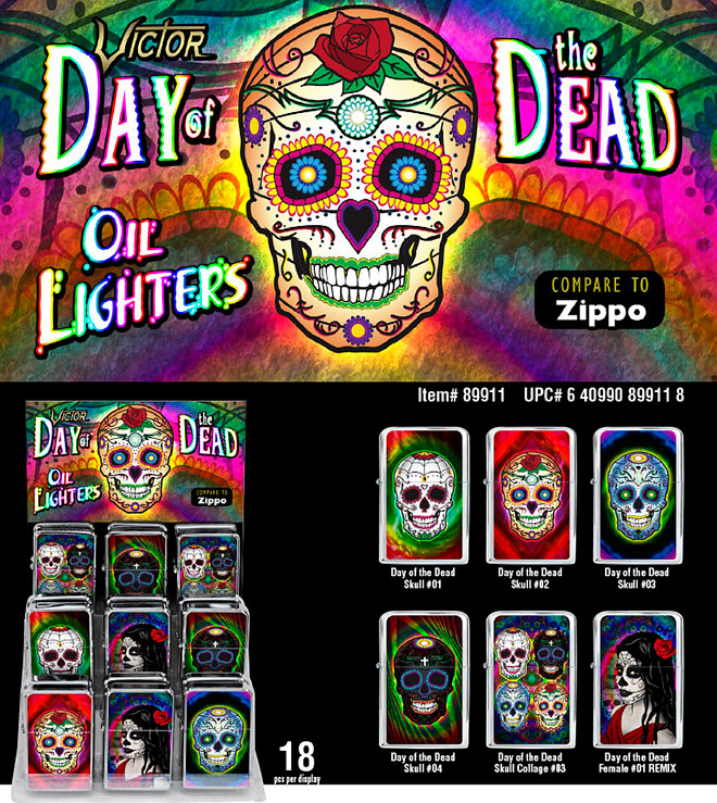 Day of the Dead Victor Chrome Pocket Oil Lighter Sale Sheet, 18 pc Display, Sugar Skull, calavera Item 89911
