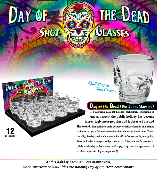 Day of the Dead Skull Shape Shot Glass Sale Sheet 12 pc Display, Sugar Skull, calavera