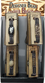 Designer Resin Bead Leather Bracelets 16 pc Micro Easel Display, Dragon, Tribal, Ornate, Peace Sign Symbol, Yin Yang