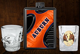 Drinkware: Skull Shape Shot Glass, City Auburn Plastic Flask, Dale Adkins Horse Shot Glass