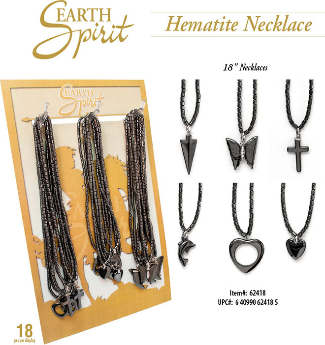 Earth Spiriit Hematite Necklace Sale Sheet - 18 pc, 18 inch, Item 62418, Cross, Arrowhead, Butterfly, Dolphin, Heart