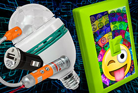 Electronics: USB Car Charger, Rotating Colo Lamp Bulb, Bendable LED Flashlight Laser, Emoji LED Night Light Switch