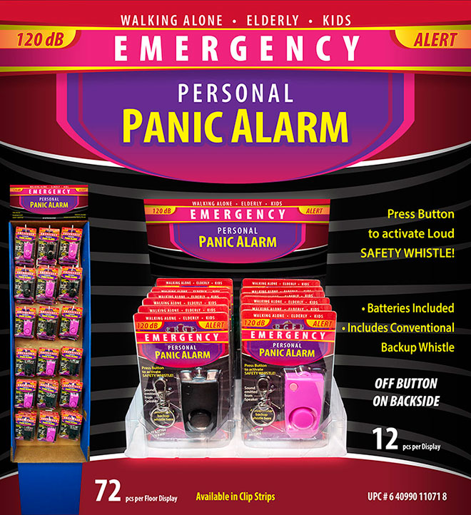 Emergency Personal Panic Alarm Sale Sheet, Floor Display 72 pc and Counter Display 12 pc, Pink and Black, 120 db, Safety Whistle