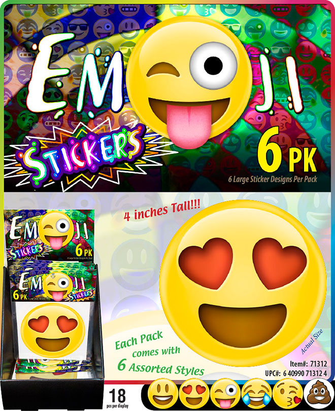 Emoji Stickers Sale Sheet - Round 4 inch, Circle, 6 Pack, Item 71312, Smiley, Heart Eyes, Joy w/ Tears, Poo, Tongue Stuck Out Wink