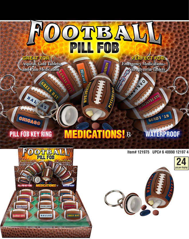City Football Shape Pill Fob Key Ring / Keychains 24 pc Display Sale Sheet Medications