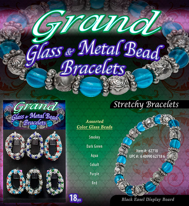Grand Glass & Metal Bead Stretchy Bracelets Sale Sheet 18 pc, Display, Item 62718, UPC 6 40990 62718 6, Assorted Color Glass Beads
