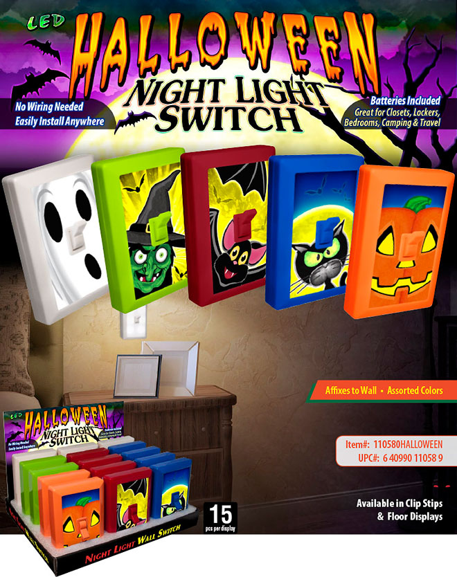 Halloween 6 LED Night Light Wall Switch Sale Sheet - No Wiring Needed, Batteries Included, Ghost, Witch, Bat, Black Cat, Jack O' Lantern