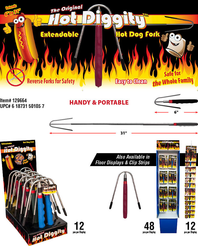 Extendable Telescopic Hot Diggity Hot Dog Fork 12 pc Display Sale Sheet, Reverse Forks, Extends 6" to 31", Floor Display, Clip Strip Item 129664