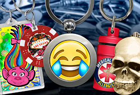 Keychains, Key Rings: Trolls Acrylic Frame, Emoji Zinc Round, Medical Alert Allergy Pill Fobs, Skull