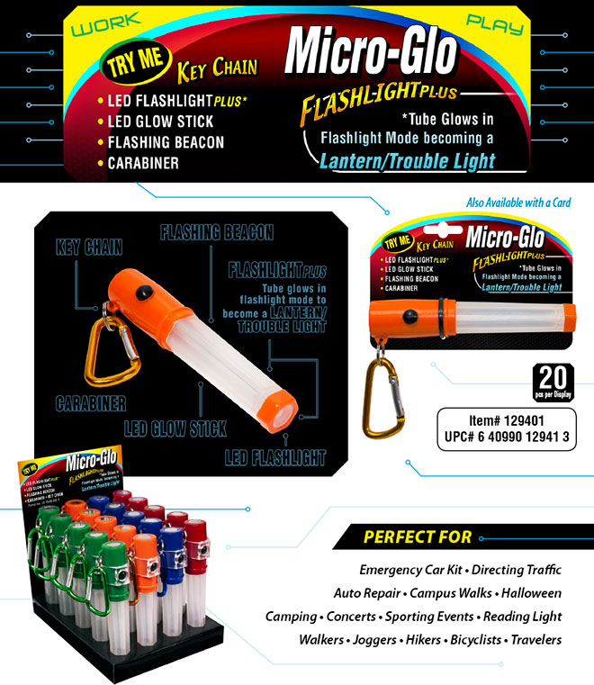 Micro-Glo Stick, Glow Stick, LED Flashlight, Lantern, Flashing Beacon, Carabiner, 20 pc Display