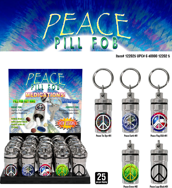 Peace Symbol Pill Fob Key Ring 25 pc Display Sale Sheet Medications