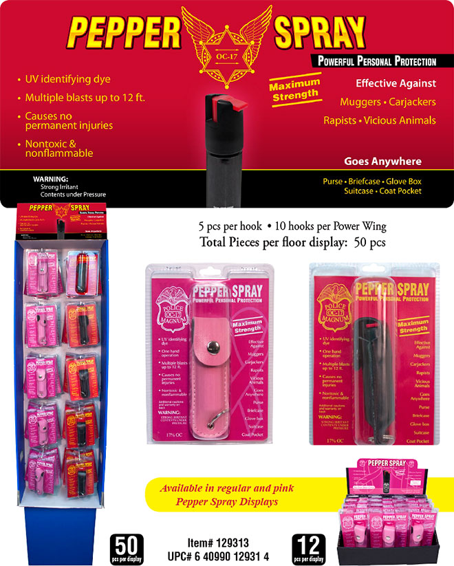 Pepper Spray Floor Display 50 pcand Counter Display 12 pc, Pink and Black Leather Cases