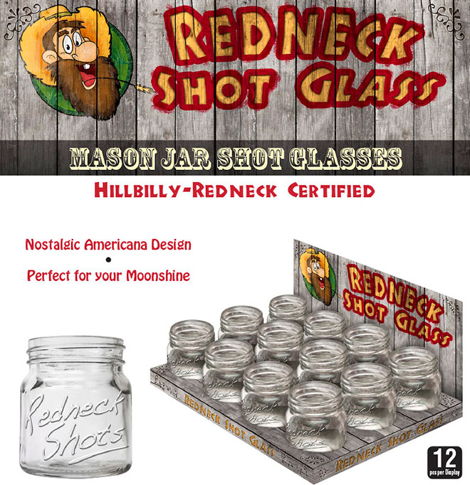 Hillbilly-Redneck Mason Jar Shot Glass Sale Sheet 12 pc Display
