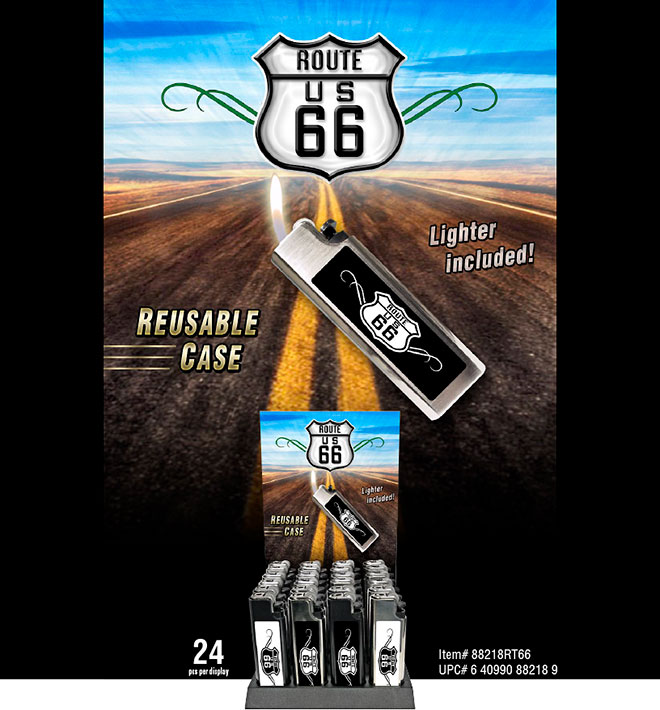 Route 66 Metal Lighter Case Sale Sheet, 24 pc Display, Item 88218RT66 Route 66 Shield, Reusable Case