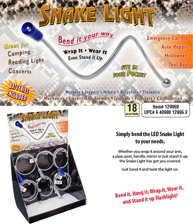 LED Snake Light Flashlight Sale Sheet - 18 pc Display, Item 129960, Wrap, Coil, Reading Light, Camping, Concerts