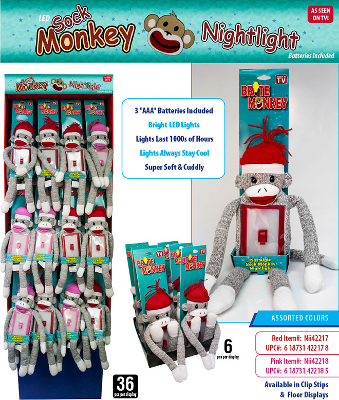 Brite Sock Monkey Plush LED Night Light Switch Sale Sheet 6 pc/36 pc Display - Batteries Included, Item Red Nii42217, Pink Nii42218