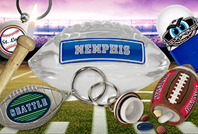 Sports: Memphis Crystal Glass Football Football, Baseball Bat Lighter, Zinc Round Keychain, City Helmet Tipsy Wobbler, Football Pill Fob, Hockey