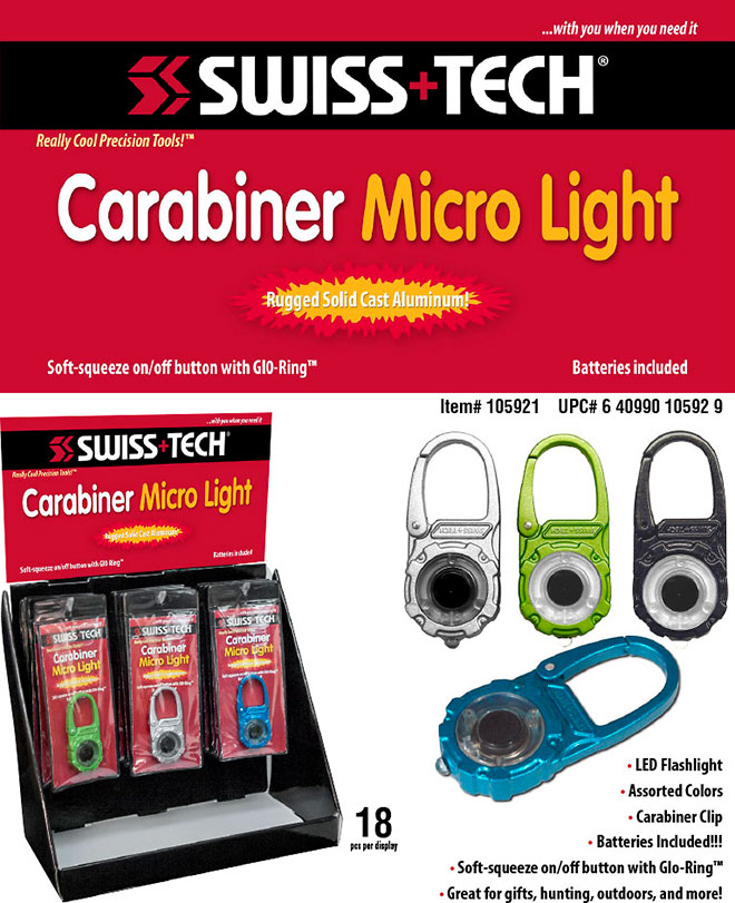 Swiss Tech Carabiner Micro Light Sale Sheet - 18 pc Display, Item 105921, LED Flashlight