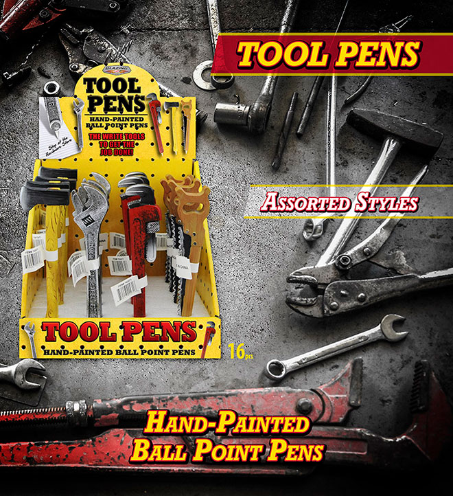Tool Pens Sale Sheet - Hand Painted Ball Point Pens, 16 pc Display, Axe, Crescent Wrench, Pipe Wrench, Saw