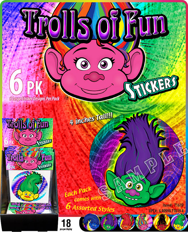 Trolls of Fun Stickers Sale Sheet - Round 4 inch, Circle, 6 Pack, Item 71619