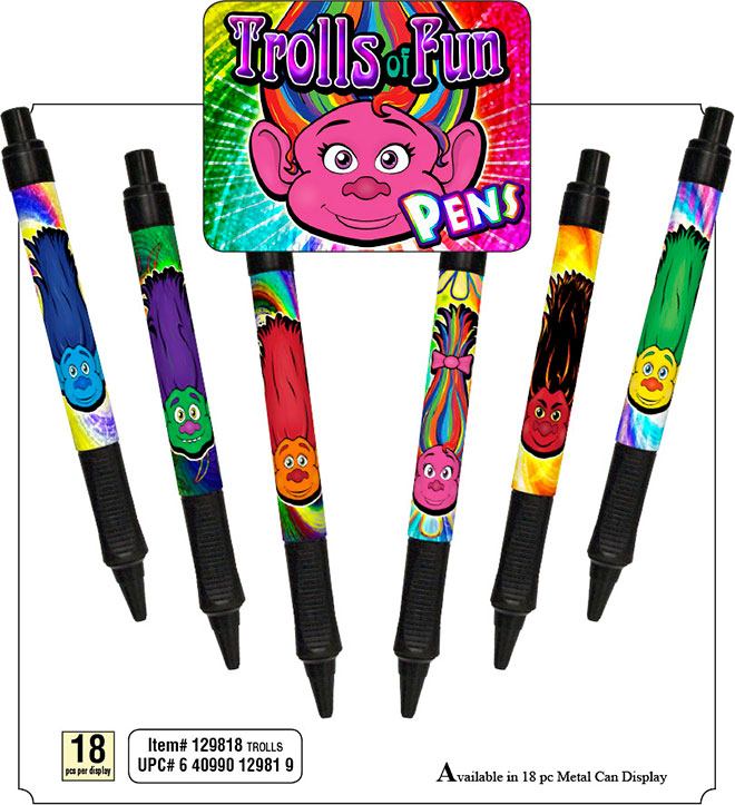 Trolls of Fun Ink Pens Sale Sheet - Item 129818TROLLS, 18 pc Metal Can Display, Rainbow Hair, Flaming Hair, Purple, Blue, Orange, Pink, Red