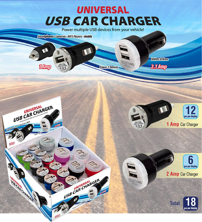 USB Car Charger, Power multiple devices, 1 Amp and 2 Amp Combo Display 18 pc