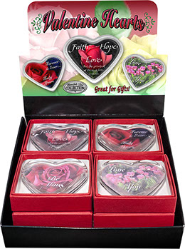 Valentine Hearts Shape Glass Paperweight 12 pc Display - Faith, Hope, Love, Rose, Tulip, Flowers, Item 127312 Waterfall Glass Collection