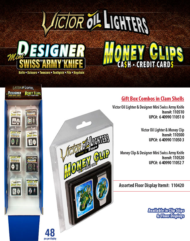 Gift Box Combo Sale Sheet - 48 pc Floor Display, Item# 110420, Victor Pocket Oil Lighter, Mini Swiss Army Knife, Money Clip