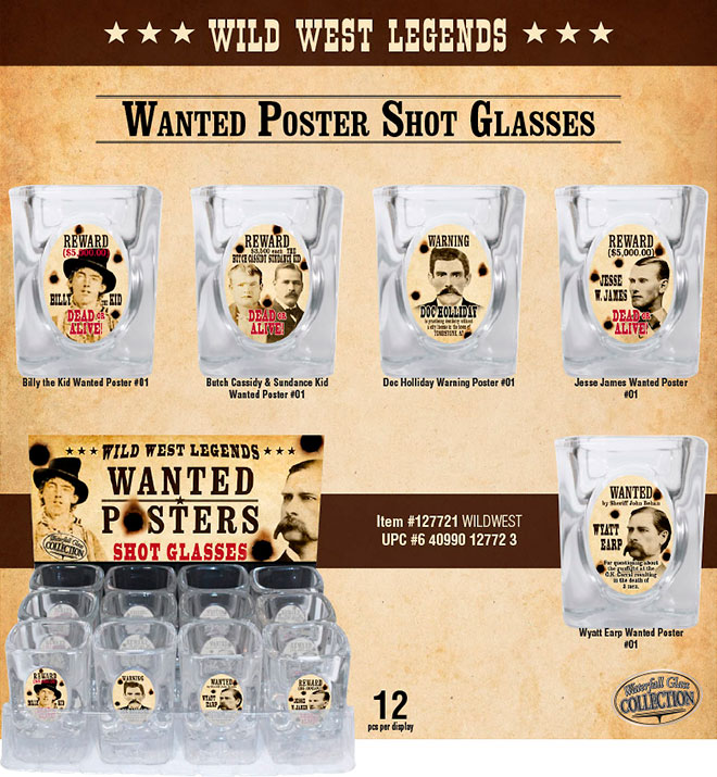 Wild West Wanted Poster Shot Glass Sale Sheet 12 pc Display, Billy the Kid, Doc Holiday, Jesse James, Wyatt Earp with Oval Insert