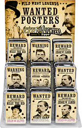 Wild West Wanted Poster Victor Chrome Pocket Oil Lighter 18 pc Display, Billy the Kid, Doc Holiday, Jesse James, Wyatt Earp