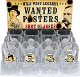 Wild West Wanted Poster Shot Glass 12 pc Display Tray, Billy the Kid, Doc Holiday, Jesse James, Wyatt Earp with Oval Insert