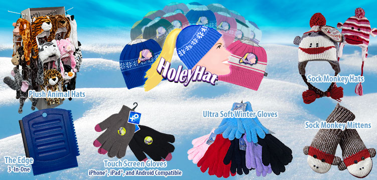 HoleyHat Knit Ponytail Stocking Hats; Animal & Sock Monkey Hats; Gloves; Ice Scrapers; iPhones, iPads, Tablets and Android Touch Screen Gloves