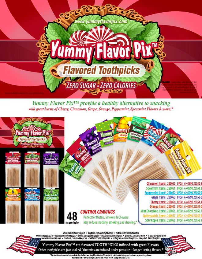 Yummy Flavor Pix Toothpicks SalesSheet: Cinnamon, Peppermint, Spearmint, Cherry, Grape, Orange & More Flavors. Zero Sugar & Calories; Display